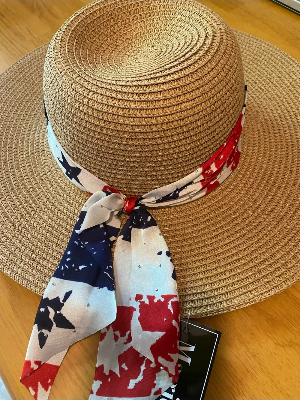 Wide-Brim Straw Sun Hat with Red, White & Blue Star Band